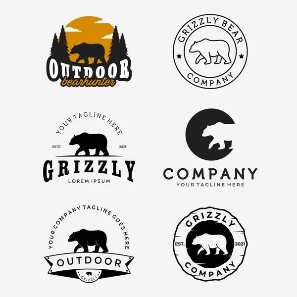Set Walking Bear Hunter Logo Vector Design Emblem Bundle Bear — Archivo Imágenes Vectoriales