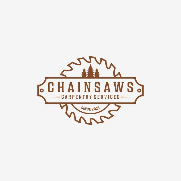 Carpentry and Wood saw Logo Vector, Chainsaws Line art Vintage Illustration, Carpenter and Wood Working Concept Design