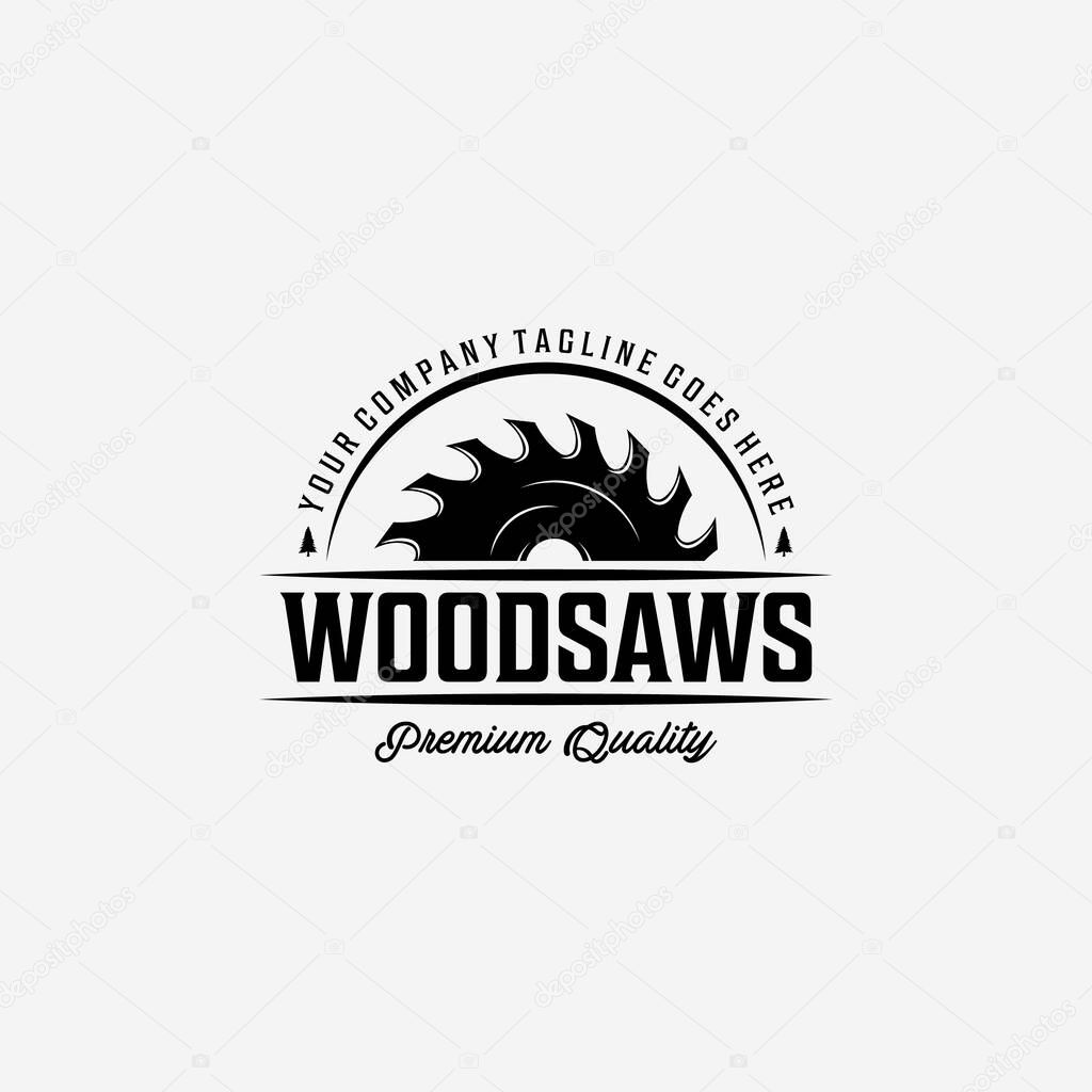 Wood saws Vintage Logo with Wood Working, Design of Chainsaw Vector Illustration, Concept of Carpentry