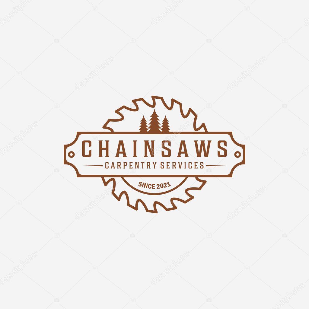 Carpentry and Wood saw Logo Vector, Chainsaws Line art Vintage Illustration, Carpenter and Wood Working Concept Design