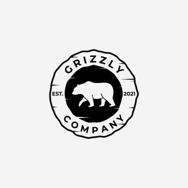 Amblem Vintage Yürüyen Ayı Avcısı Logo Vektör Tasarımı Çizimi, Boz Ayı, Kutup Ayısı, Kara Ayı