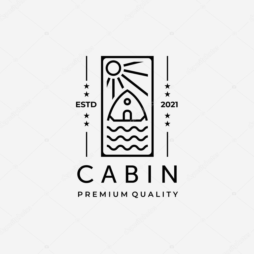 Emblem of Cabin Line Art logo Vector Design, Illustration of Cottage and Water Concept Minimalist and Simple