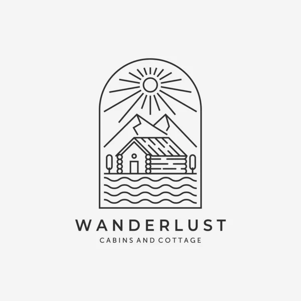 Emblem of Cabin Cottage Line Art Minimalist Logo Mountain Sunburst Vector Illustration Lake River Wave Design