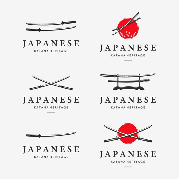 Katana Kılıç Logosunu Ayarla Ninja Samuray Logosu Simge Vintage Resim Tasarımı Japon Mirası