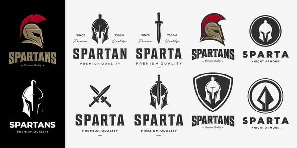 Spartalıların Logo Vintage Vector Paketini Ayarla Silah Mızrağı Logosu Çizim — Stok Vektör