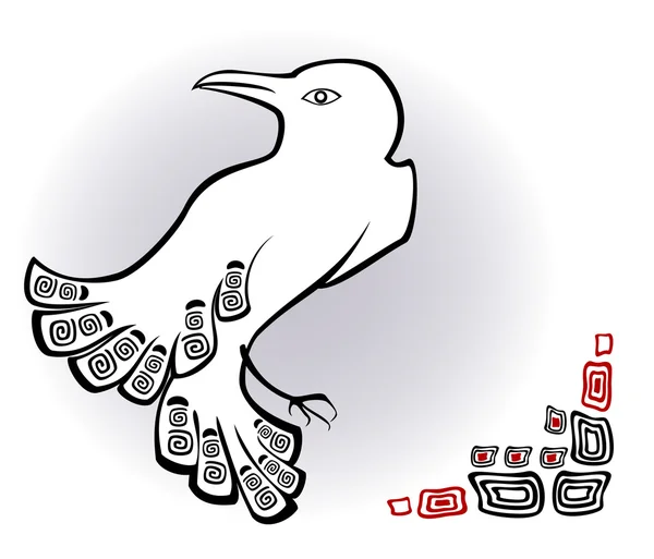 Skeç tarzı dekoratif etnik görüntü Hindistan ve Kuzey etnik grupları beyaz Raven, taşlar ve desen sembolik olarak efsaneleri temelinde. Eps10 vektör çizim.