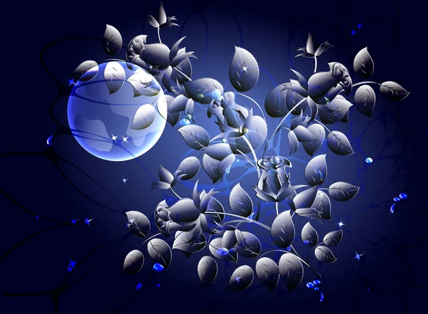 Fabuloso noite monocromático arranjo floral abstrato em cores azuis frias com uma lua cheia. Ilustração do vector EPS10 — Vetor de Stock