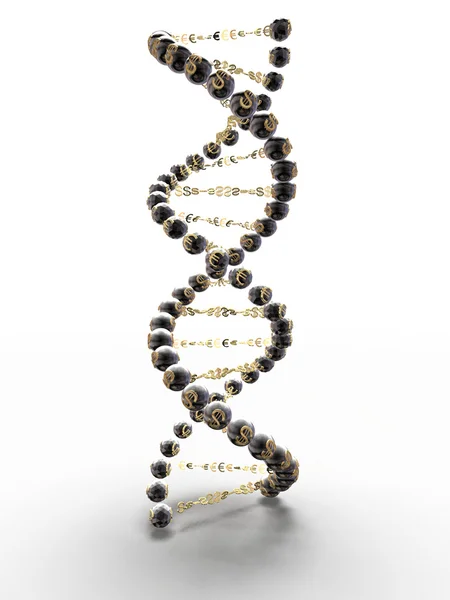 Dna-Spirale mit den Symbolen des Dollars und des Euro, mit metallisch glänzender Oberfläche — Stockfoto