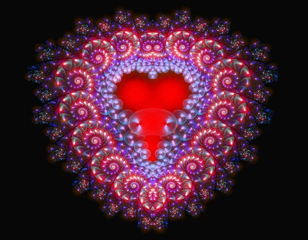 Rotes Herz gerahmt Drucke und Glitzern, strahlt Liebe schmilzt das Eis ringsum. Fraktale Kunstgrafik — Stockfoto