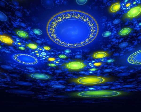 Parlayan uzayda uçan gizemli küme disk şeklinde-Ufo bir karanlık derin uzay zemin... fraktal soyutlama-tabanlı grafik