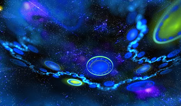 Ungewöhnlicher Flug mystisch glühendes scheibenförmiges Ufo zwischen den Sternen und Nebeln im tiefen dunklen Raum. Abstraktionsbasierte fraktale Grafiken — Stockfoto