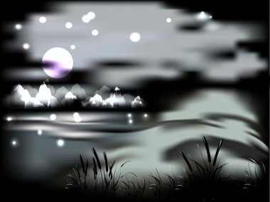 ay ve dağlar ile gece manzarası