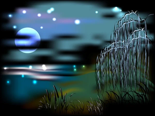 Night landscape with lake and reeds in the light of the moon — Stock Vector