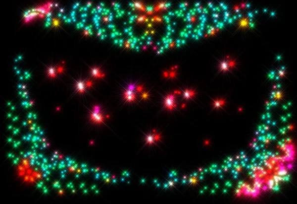 Muster in Form von Tannenzweigen mit Zapfen und Glöckchen mit glitzernden Sternen und Funken auf dem Hintergrund der Nacht — Stockfoto