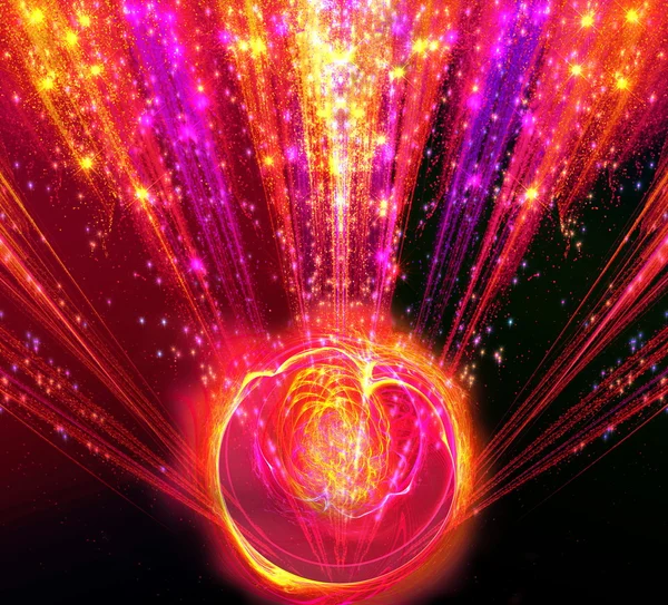 Sihirli top ile parlayan büyük fantastik Radyal patlama kırmızı renk tonu. Fractal sanat grafik