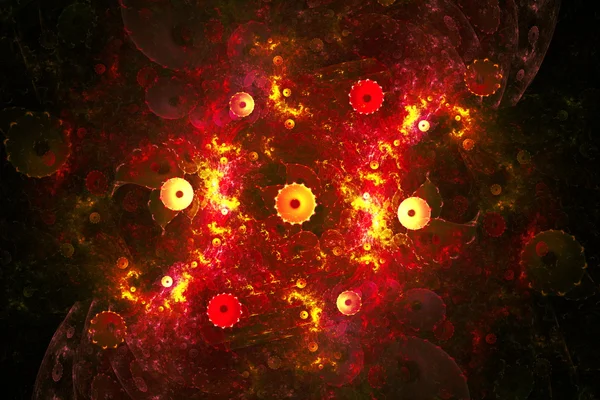 Fondo rojo abstracto con colores y líneas de brillo de estrellas. Arte fractal gráfico — Foto de Stock