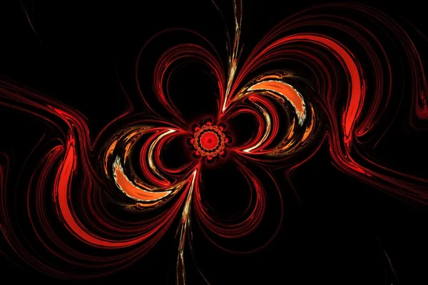 Resumen de los misteriosos resplandecientes remolinos de flores rojas en el espacio oscuro. Gráficos de arte fractal — Foto de Stock