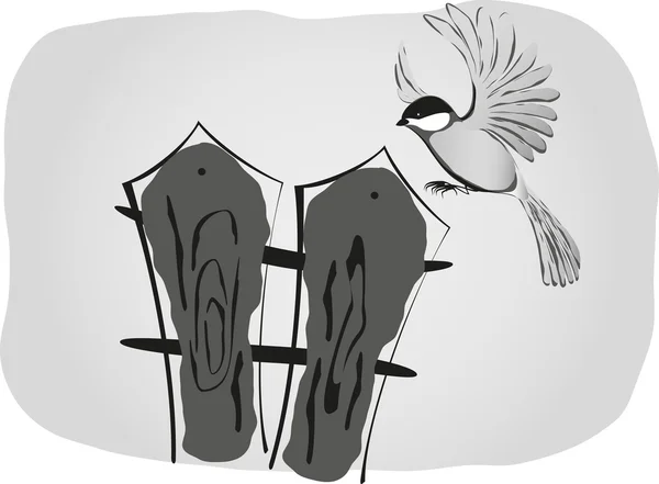 Svart och vit teckning, fågel sitter på staketet. Eps10 vektor illustration — Stock vektor