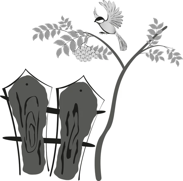 Siyah ve beyaz çizim, bir ağacın Rowan oturup kuş stilize. Aşağıda bir çit var. Eps10 vektör çizim — Stok Vektör