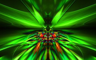 Öfkeli bir hareketle simetrik ufuk ötesine git fantastik bir yeşil hat parlayan. Fractal sanat grafik.