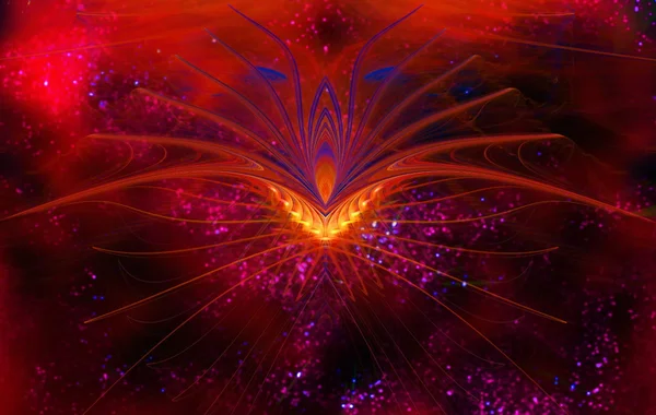 Gizemli kırmızı parıldayan arka plan üzerinde yıldız soyut çiçek. Fractal sanat grafik — Stok fotoğraf