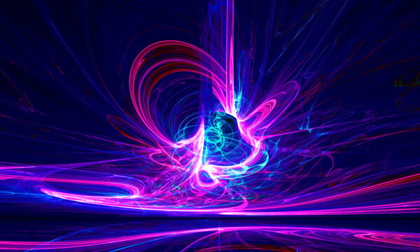 Mysterious alien form ultraviolet magnetic fields in the dark night sky. Fractal art graphics