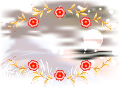 Dağlar, göl ve süsleme mehtaplı bir gecede. Eps10 vektör çizim