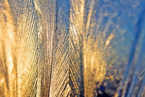 Padrão gelado gelado ornamentado de gelo fino na janela ao pôr do sol — Fotografia de Stock