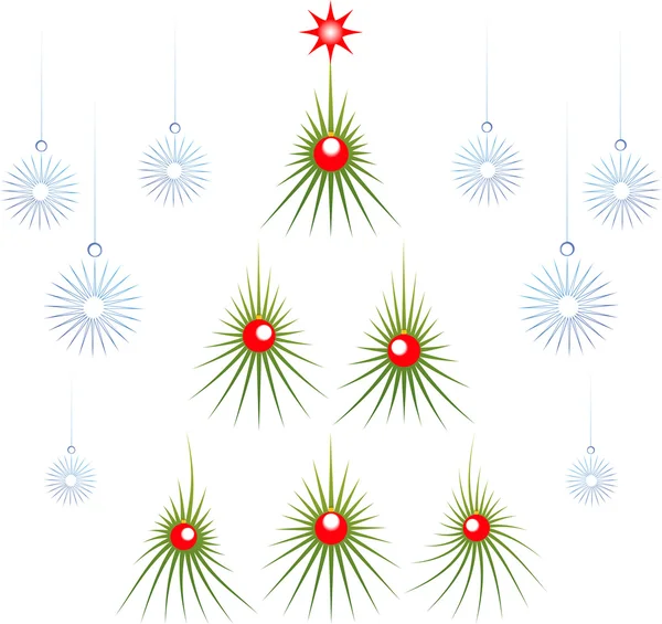 Set van abstracte groene kerstboom met rode ballen en sneeuwvlokken. Eps10 vectorillustratie — Stockvector