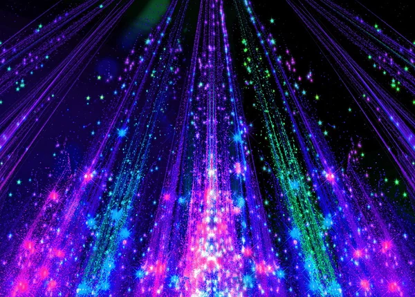 Abstraction with laser beams and flare sparks and the stars are shining in the darkness, colorful light descends in the form. Art fractal graphics