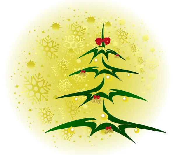 Pomul de Crăciun cu bile de aur și conuri fundal cu fulgi de zăpadă. Ilustrație vectorială EPS10 — Vector de stoc