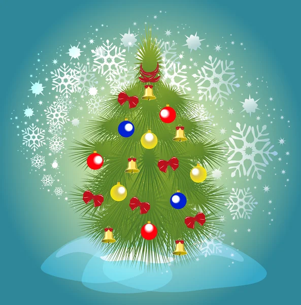 Árbol de Navidad con bolas, campanas y cintas sobre el fondo de una ventisca. Ilustración vectorial EPS10 — Vector de stock