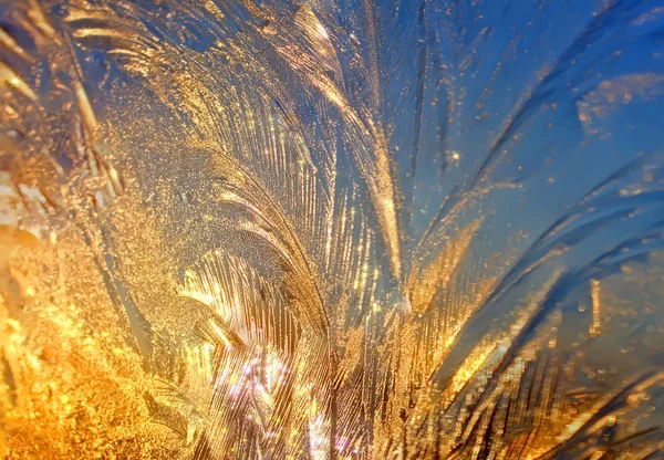 Köpüklü buz zengini günbatımı pencerede ince bir buz soğuk paterni