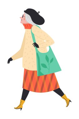 Kazı çantasıyla ileri doğru yürüyen yaşlı bir kadının yan görüntüsü.