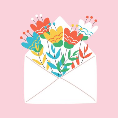 İçinde çiçekler ve bitkiler olan bir zarfın içinde kağıt mektup. Sevgililer Günü tebrik kartı..