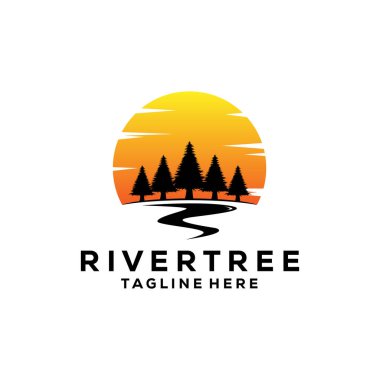 Sunset Pine Tree Logo Vintage River Creek vektör amblem tasarımı