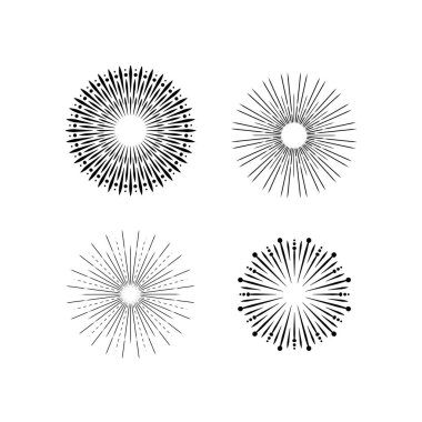 Işık huzmeleri, güneş ve güneş ışınları. Klasik hipster tarzı. Işık ışınları güneş patlaması, ok, kurdele vektör illüstrasyonu