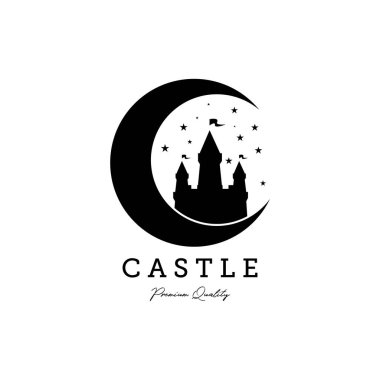 Klasik Castle çizgisi logo vektör illüstrasyon tasarımı, ay logosu üzerindeki şato