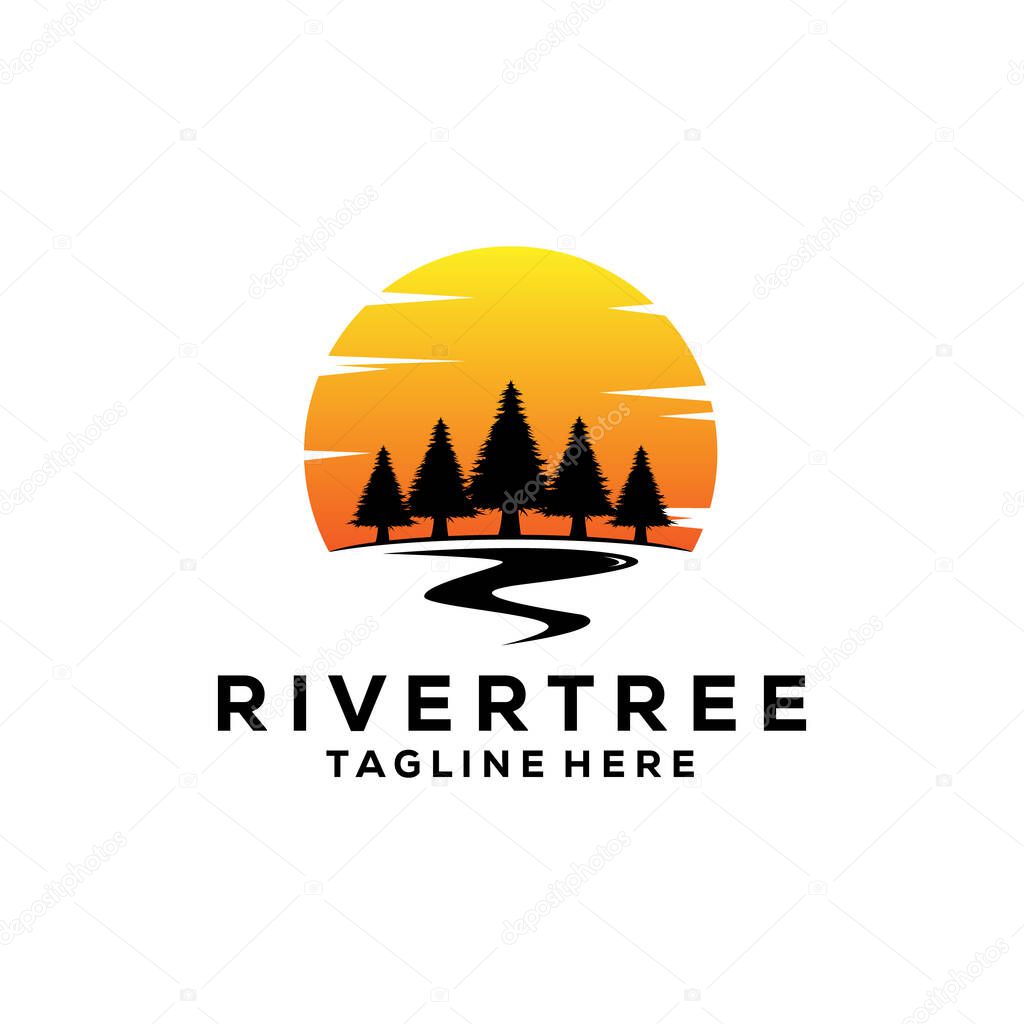 Sunset pine tree logo vintage with river creek vector emblem illustration design