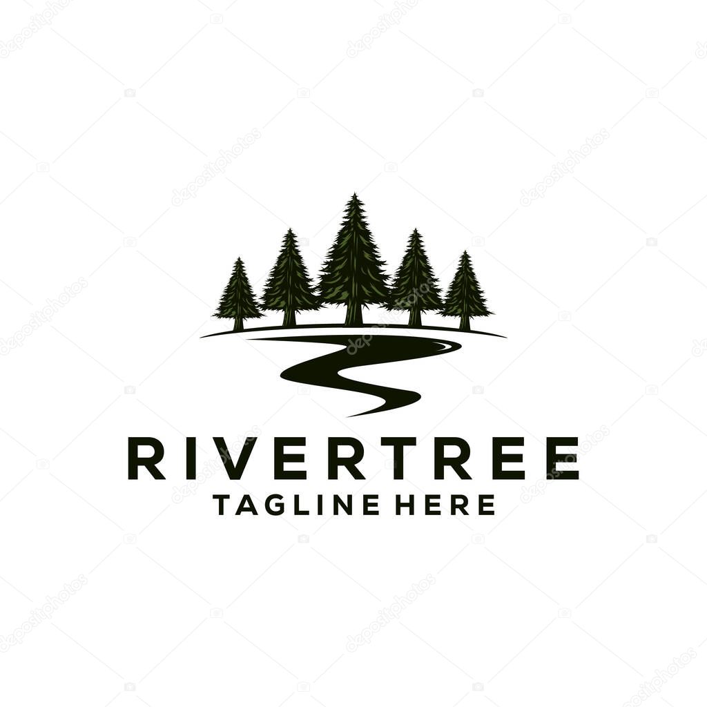 Evergreen pine tree logo vintage with river creek vector emblem illustration design