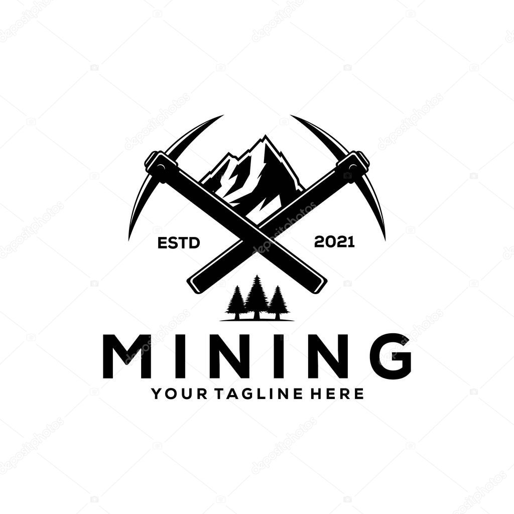 Mountain pickaxe vintage logo vector symbol illustration design