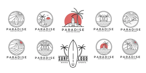 Conjunto Pacote Paraíso Surf Logotipo Linha Arte Vetor Ilustração Design — Vetor de Stock