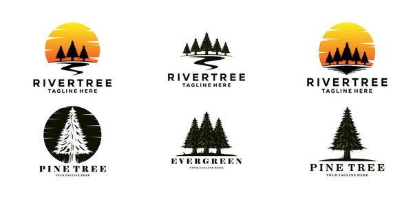 set of evergreen pine tree logo vintage with river creek vector emblem illustration design.