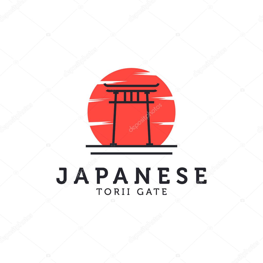 Japanese torii gate and sun icon vector logo illustration Design