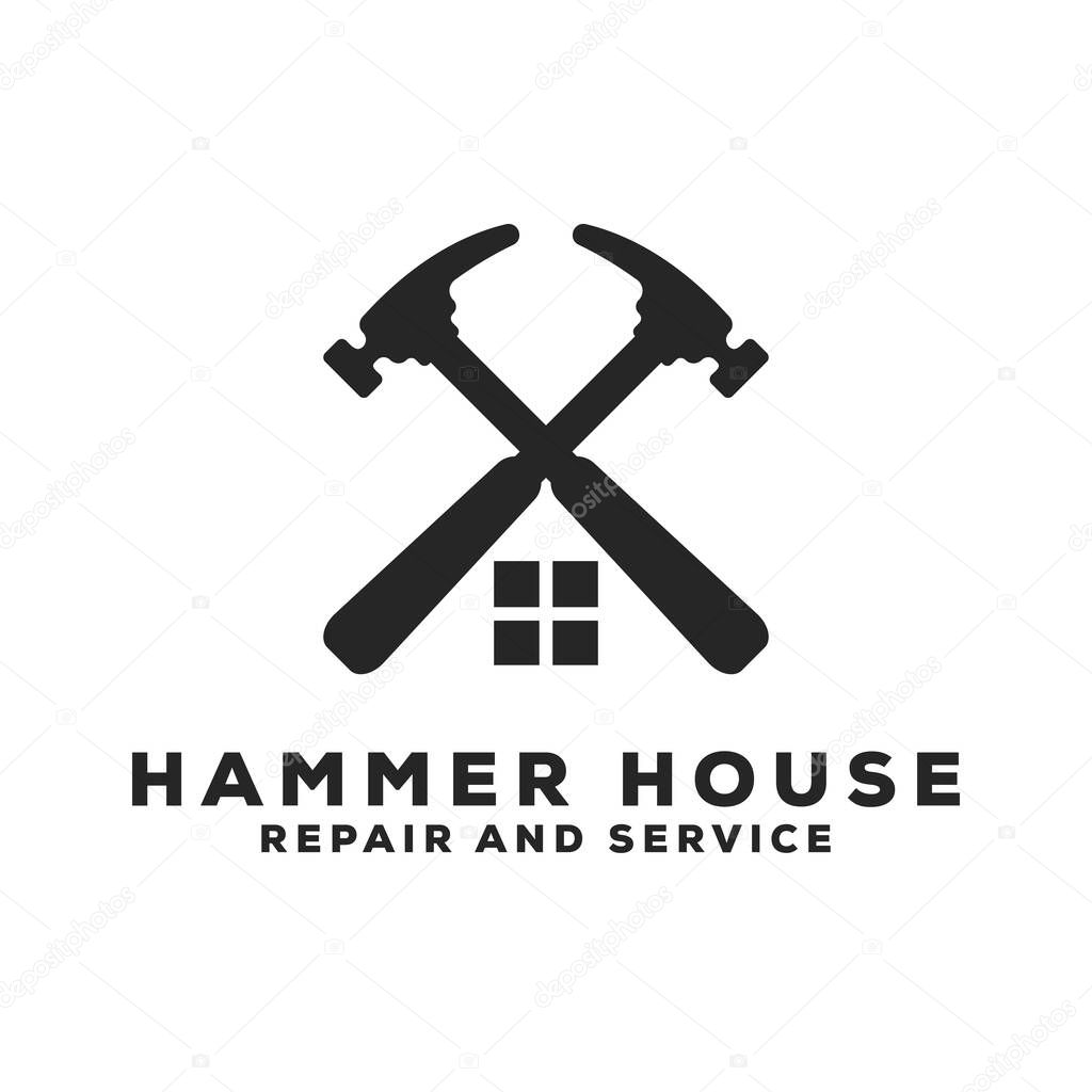 Home and Hammer Logo Illustration. crossed Homer Logo Design Template.