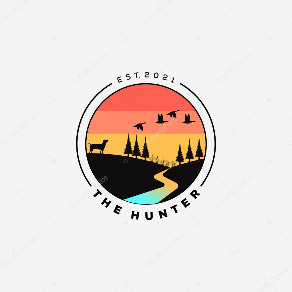 Dog hunter logo vector illustration. dog hunting flying duck symbol