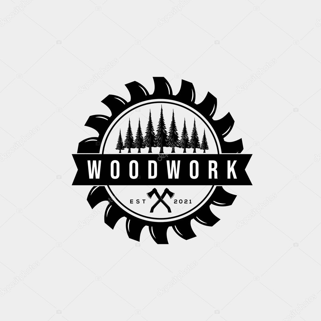 Woodwork carpentry company vintage badge logo template vector illustration design. simple hipster carpenter, joinery, sawmill emblem logo concept