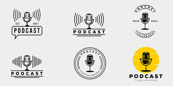 collection podcast company vintage badge logo template vector illustration design. simple hipster microphone, radio, music, on air logo concept