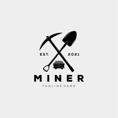 Maden şirketi vintage logo şablonu vektör illüstrasyon tasarımı. Siluet vagonu, kazma, kürek logosu konsepti