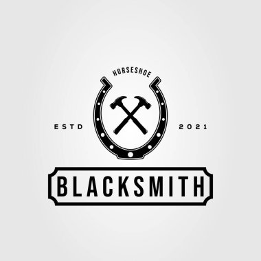 horseshoe, hammer and blacksmith logo vector illustration design